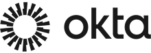 Okta logo featuring a circular design with black rectangular segments on the left and the word "okta" in bold lowercase letters on the right.