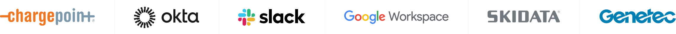 Logos of ChargePoint, Okta, Slack, Google Workspace, SKIDATA, and Careka displayed in a horizontal row on a white background.