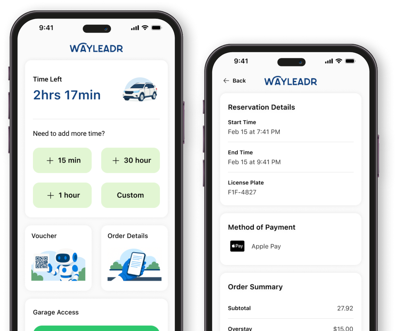 Two smartphone screens display the Wayleadr app showing parking time left, reservation details, license plate info, payment method, and order summary.