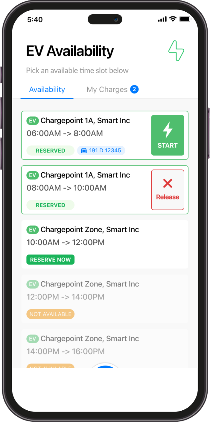 Smartphone screen showing an EV charging app with available and reserved time slots, plus start and release buttons for reservations at Chargepoint stations.