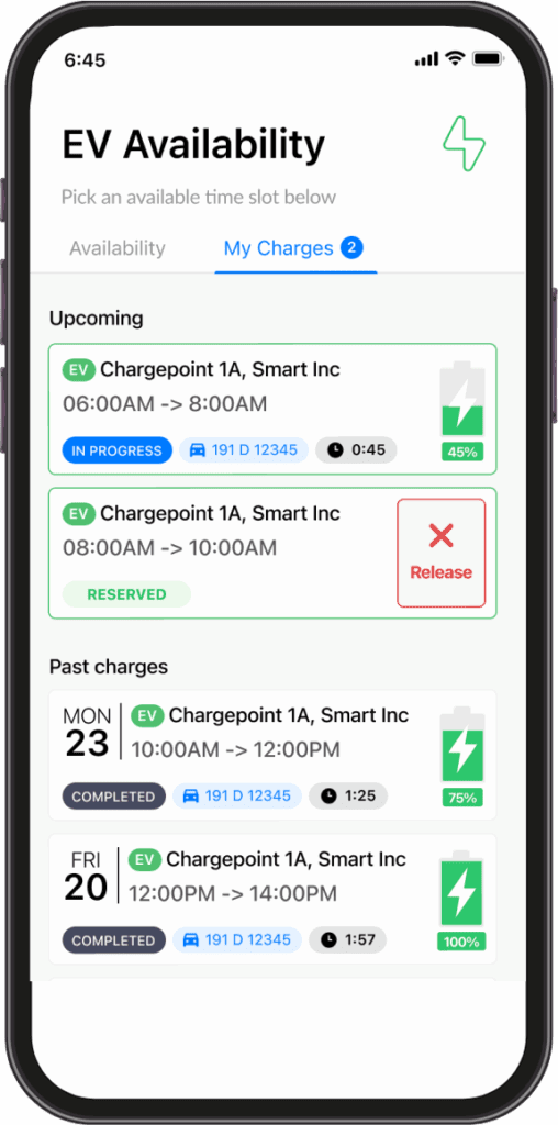 Smartphone screen showing an EV charging schedule with upcoming, in-progress, and past reservations, including reservation times, statuses, and charge levels.