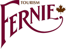 Tourism Fernie logo with "Fernie" in large maroon letters, "Tourism" above, and a maroon maple leaf to the right.