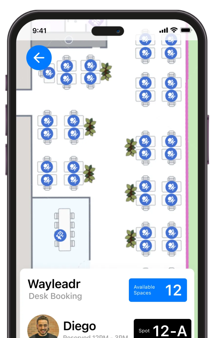 A smartphone screen displays a desk booking app with a floor plan showing available desks, 12 available spaces, and a booking confirmation for spot 12-A by a user named Diego.