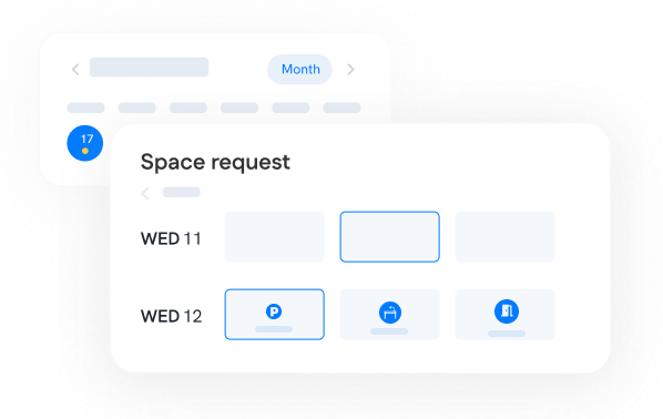 A digital interface displays a "Space request" form with selectable icons for parking, workspace, and office room for specific dates, Wednesday 11 and Wednesday 12.