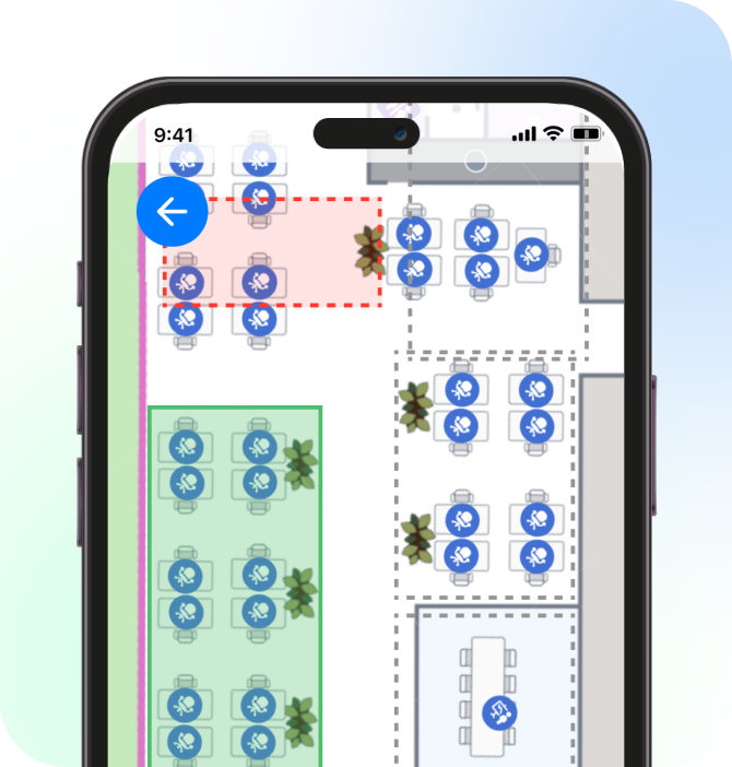 A smartphone screen displays a digital floor plan with various tables, chairs, plants, and blue icons marked on different areas.