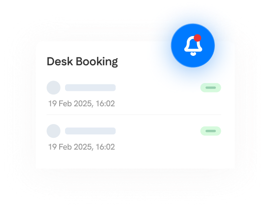 A digital notification bell icon with a red dot appears above a desk booking interface showing two bookings dated 19 Feb 2025, 16:02.