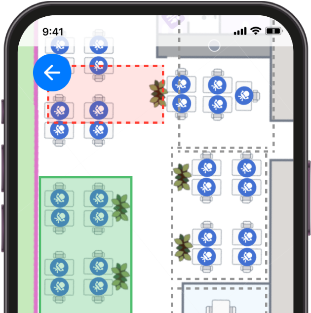 A smartphone screen displays a seating chart with various tables, some enclosed in colored boxes and others highlighted with red and green areas.