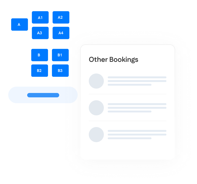 A digital interface displaying a seat selection grid on the left and a list labeled "Other Bookings" with three blurred entries on the right.