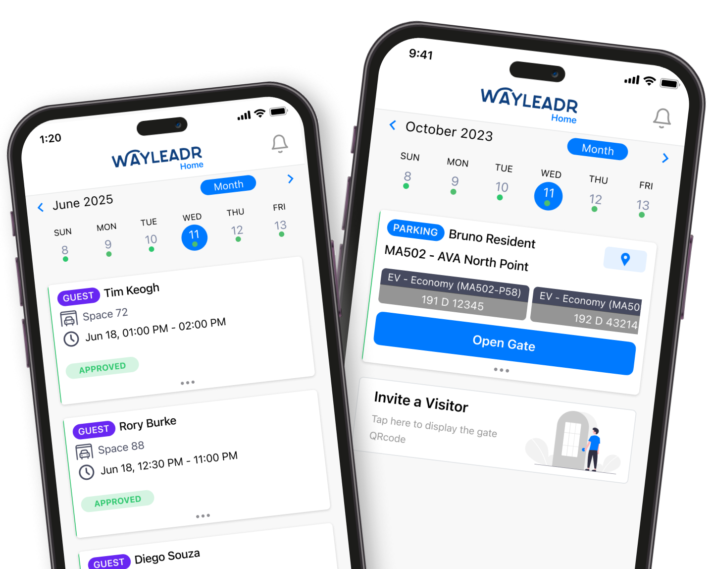 Two smartphone screens display the WAYLEADR app, showing parking bookings, guest details, and parking pass information for different dates.
