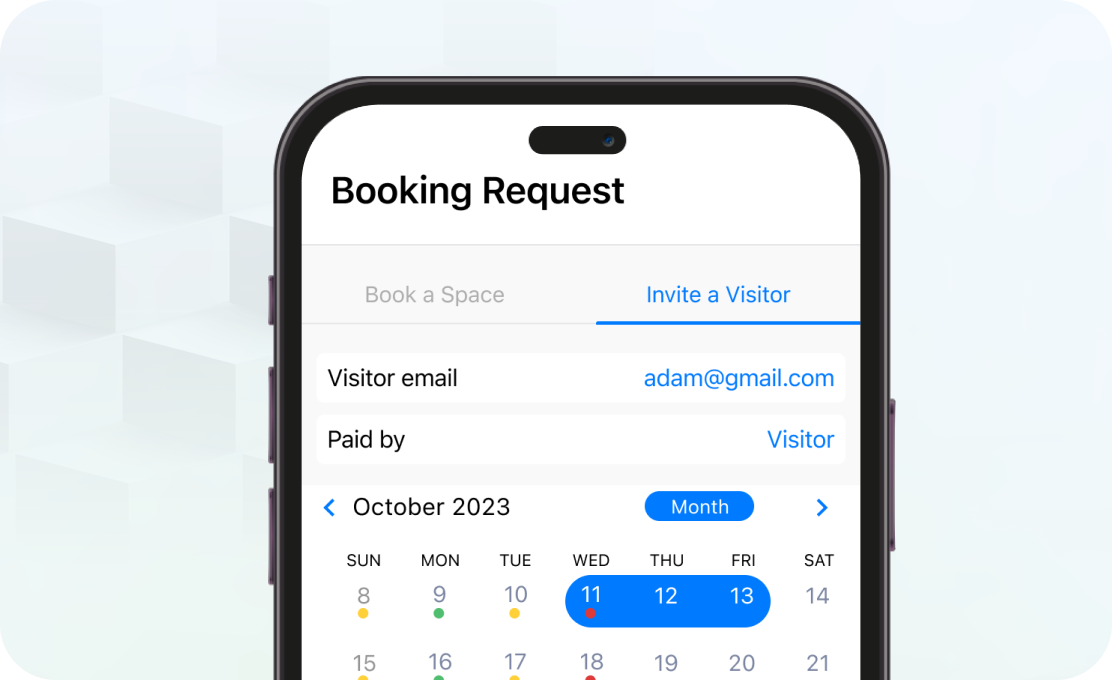A smartphone screen displays a booking request form with a calendar set to October 2023 and the visitor email field filled as adam@gmail.com.