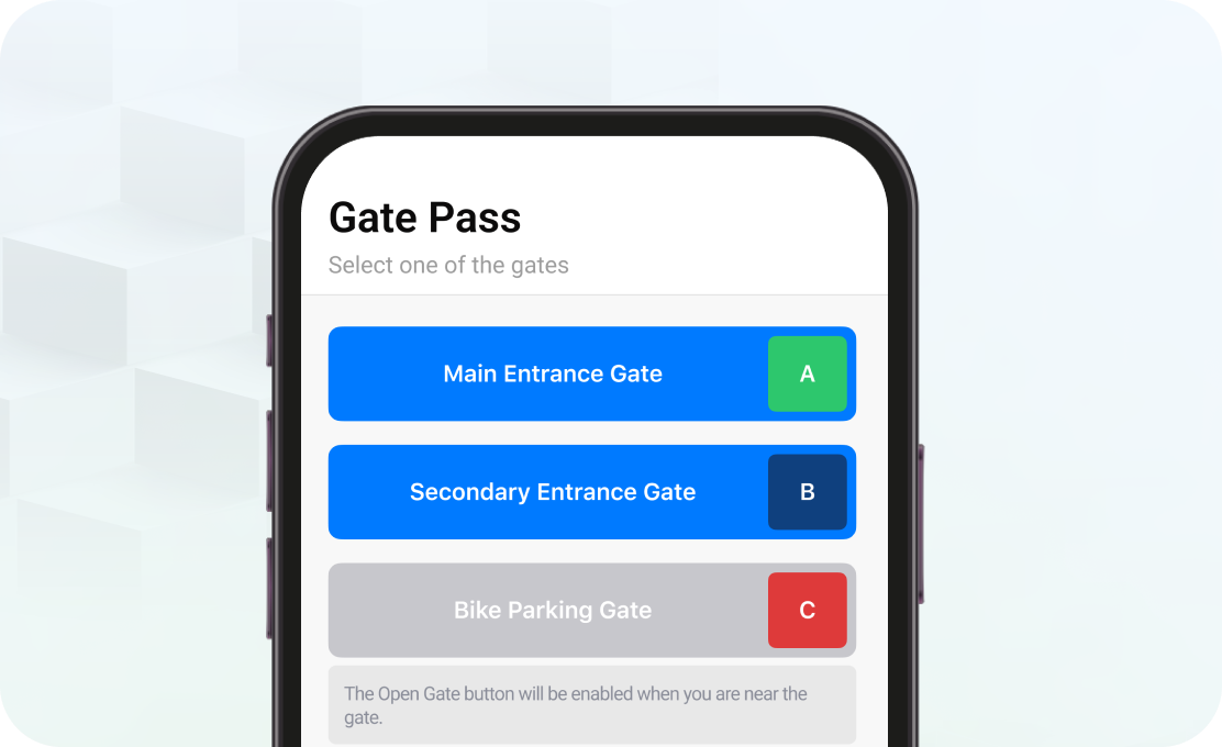 Smartphone screen showing a gate pass app with options for Main Entrance Gate (A), Secondary Entrance Gate (B), and Bike Parking Gate (C). Bike Parking Gate is grayed out.