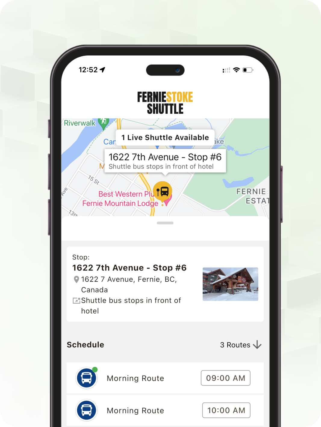 A smartphone screen displays the Fernie Stoke Shuttle app showing a live shuttle stop at 1622 7th Avenue, a map, hotel location, schedule, and a photo of the bus stop.