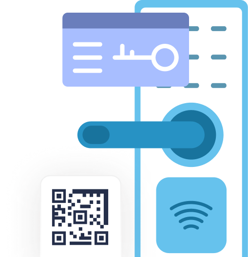 Illustration of a smart door lock with a key card, QR code, and wireless signal icon, representing multiple access methods.