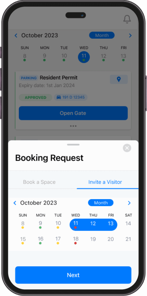 A phone screen displays a parking app with a booking request for October 2023 and an invite a visitor option; today's date, October 11, is selected.