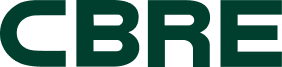 The image shows the CBRE logo with bold, dark green letters on a light background.