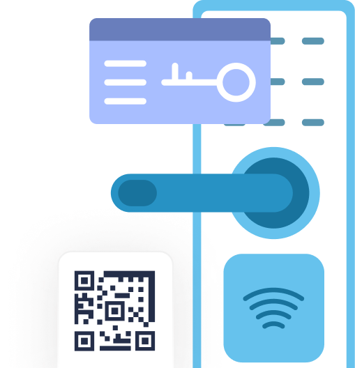 Illustration of a smart door lock with a keycard, a QR code, and a contactless access symbol.