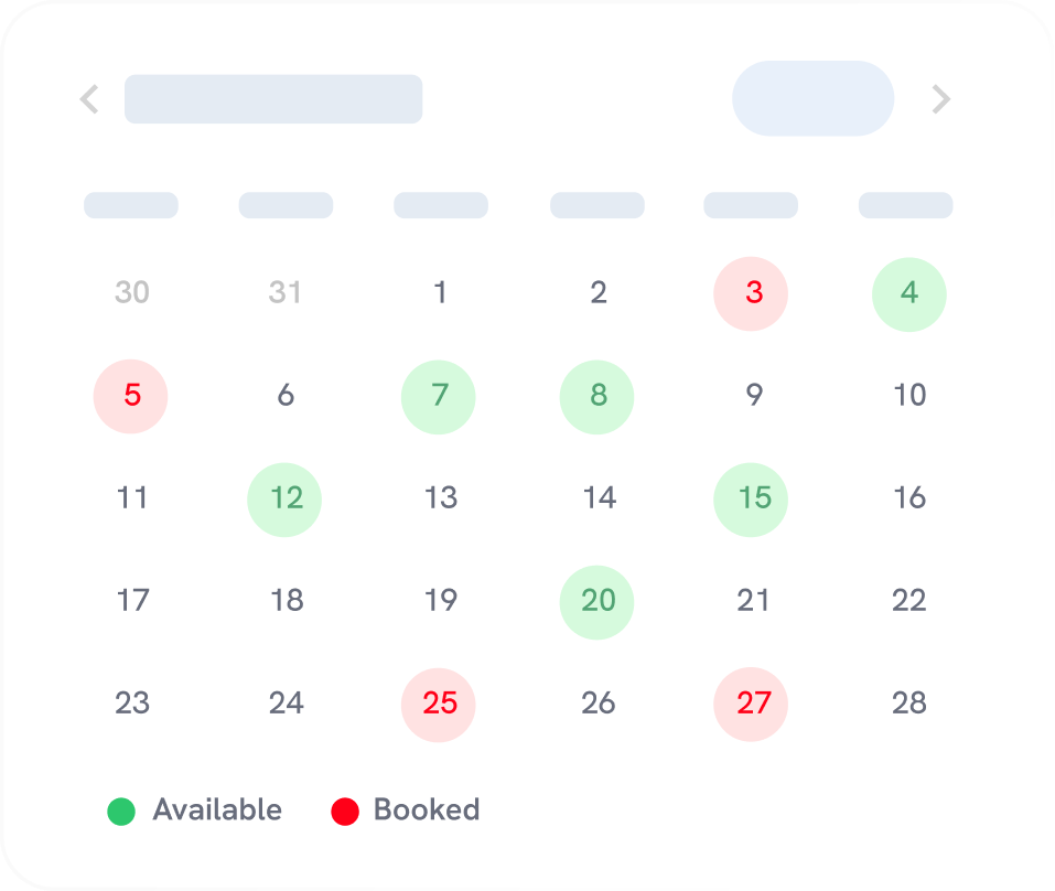 A monthly calendar showing days marked in green as available and in red as booked. Dates 3, 5, 20, 25, and 27 are booked; others are available.
