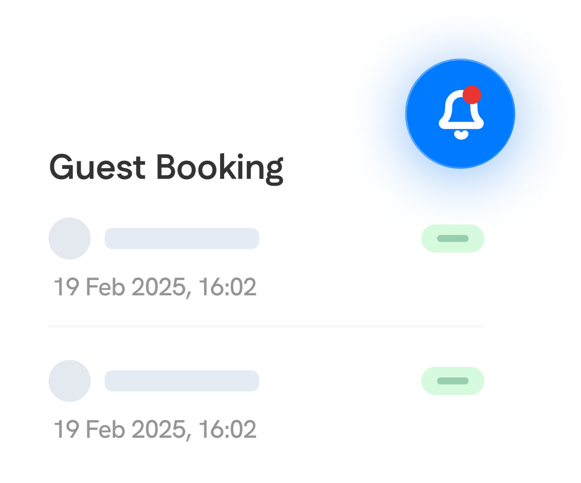 A digital interface shows a “Guest Booking” list with two entries and a notification bell icon in the upper right corner with a red dot.