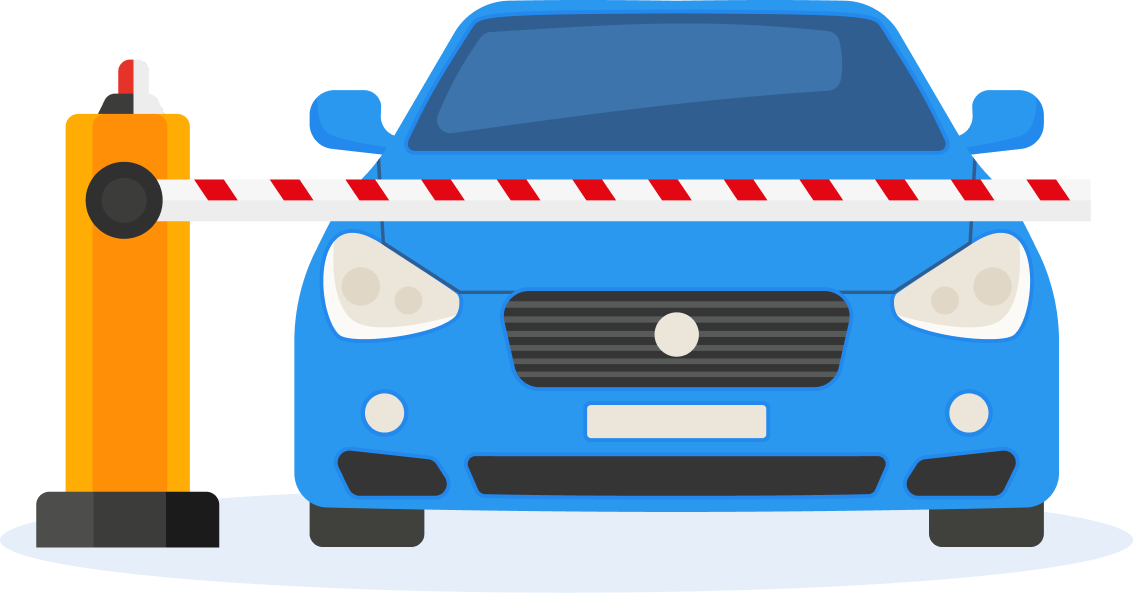 A blue car is stopped in front of a red-and-white striped barrier gate attached to a yellow post.