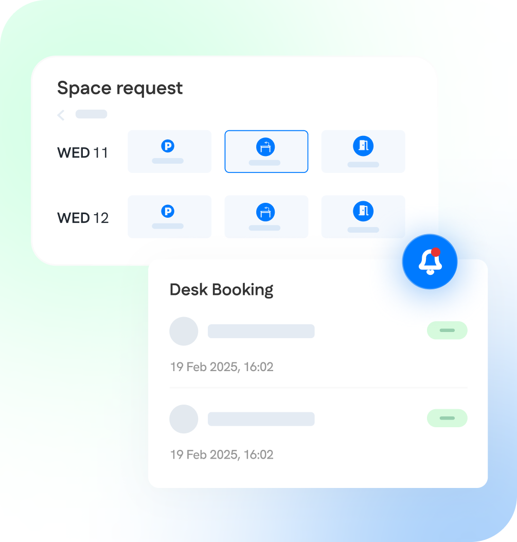 A user interface screen shows space request options for selecting parking, desk, or room on specific dates, alongside a desk booking summary with dates and times.