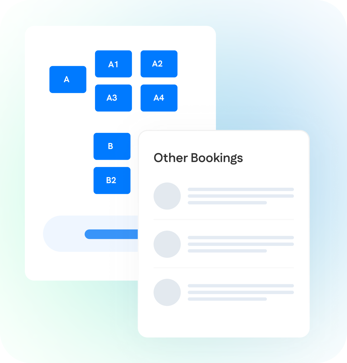 A digital interface displaying a seat selection chart with labeled buttons and a panel titled "Other Bookings" listing multiple items.