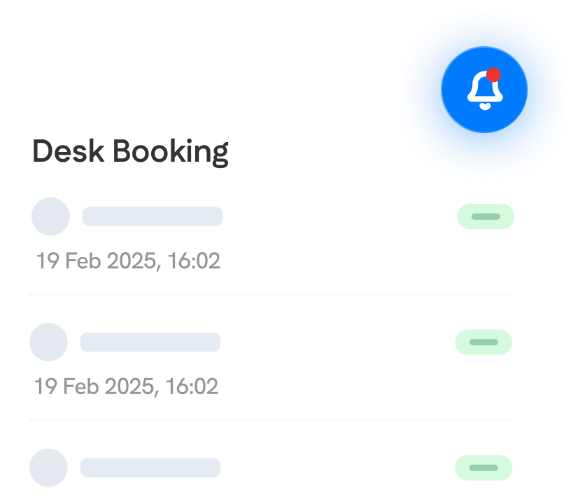 A digital interface shows desk booking details with dates and times. A blue notification bell with a red dot is visible in the top right corner.