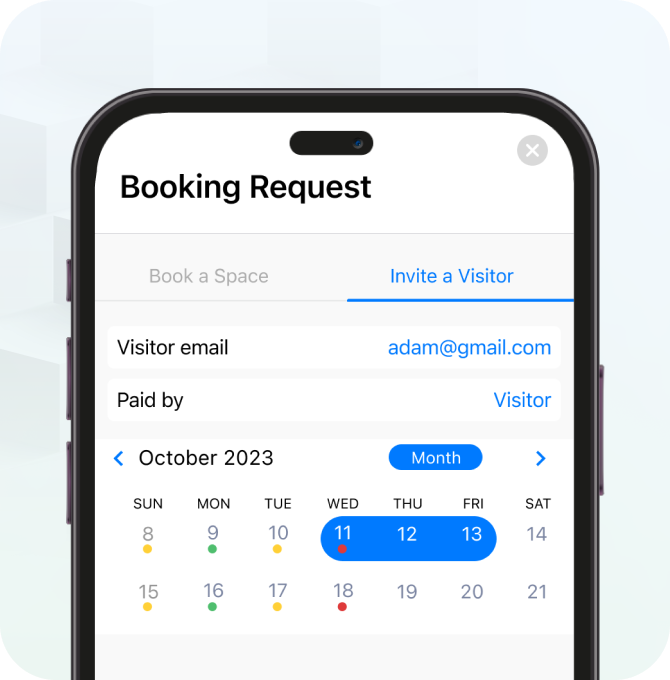 A smartphone screen displays a booking request form with visitor email, payment info, and a selected date range from October 11 to 13, 2023, highlighted on a calendar.