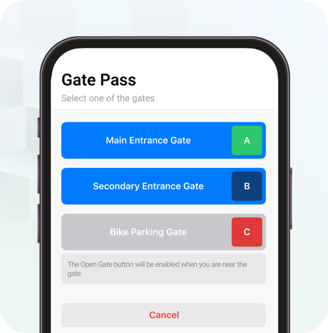 A smartphone screen displays a gate pass app with options for Main Entrance Gate (A), Secondary Entrance Gate (B), and a disabled Bike Parking Gate (C).