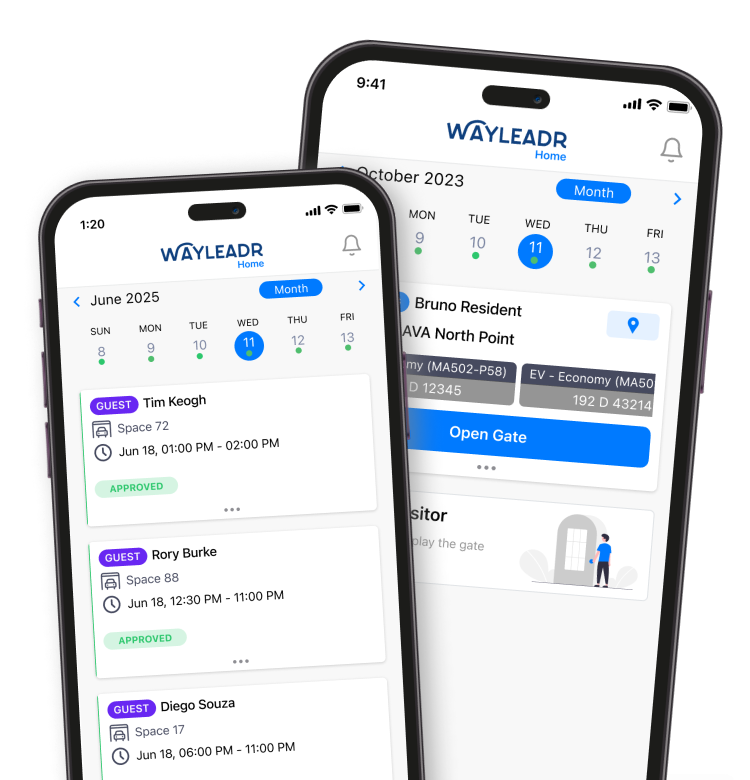 Two smartphones display the WAYLEADR app showing parking reservation details and an open gate button for different users and dates.