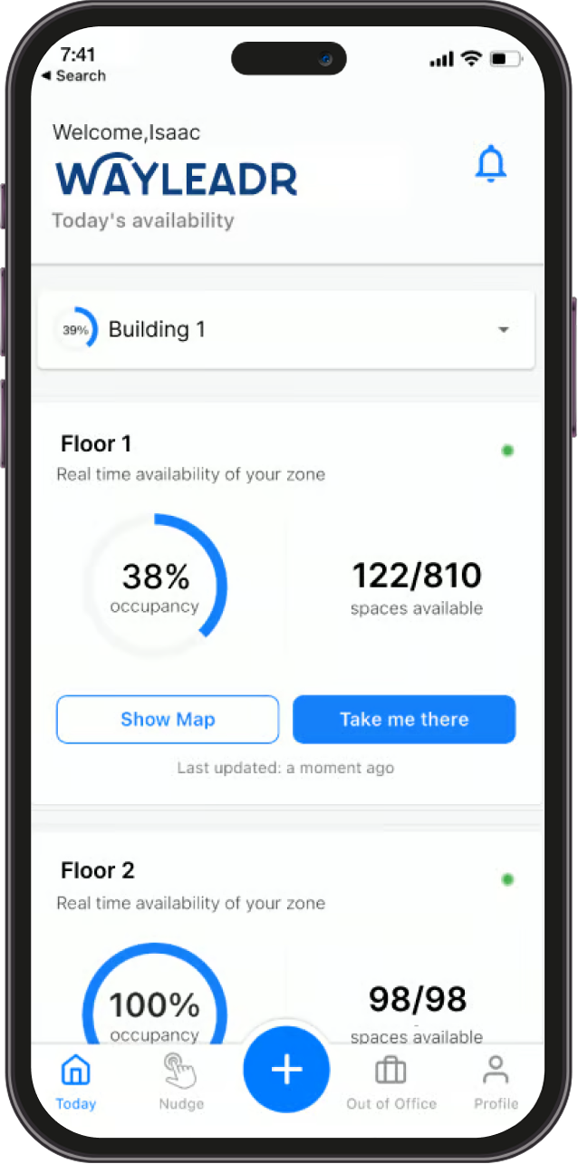 A smartphone screen displays a parking app showing real-time occupancy for two floors; Floor 1 is 38% full with 122 spaces available, Floor 2 is full with 98 spaces available.