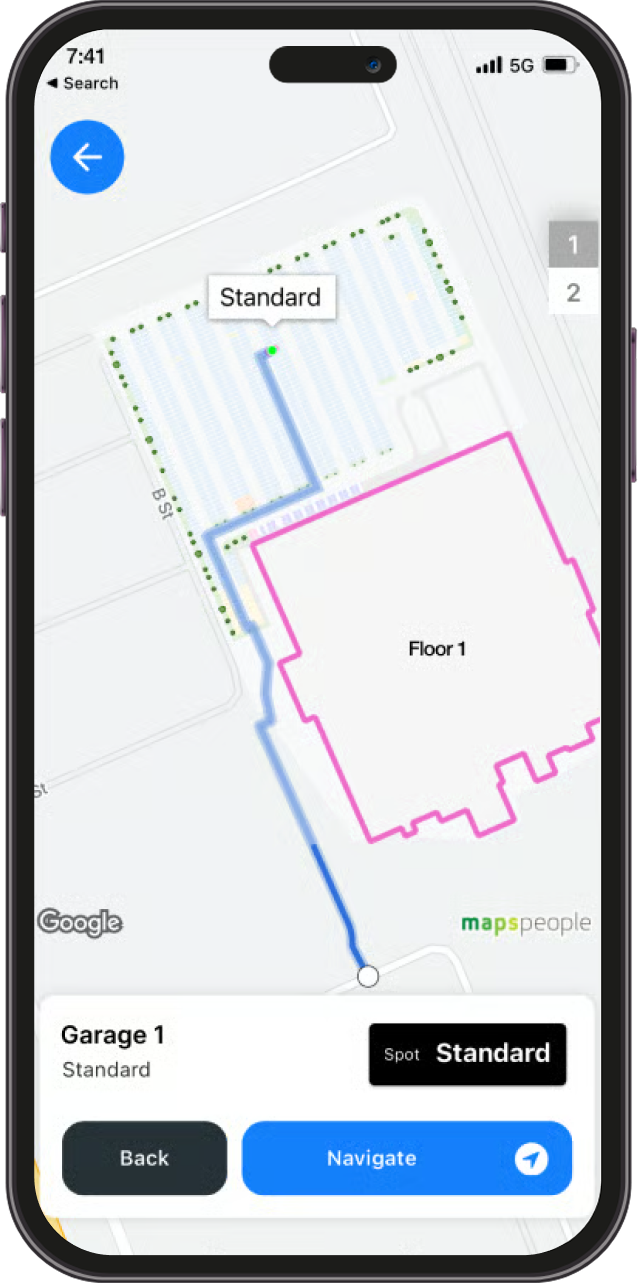 Smartphone screen showing a navigation map from "Garage 1" standard parking spot to "Floor 1" of a building, with the route highlighted in blue.