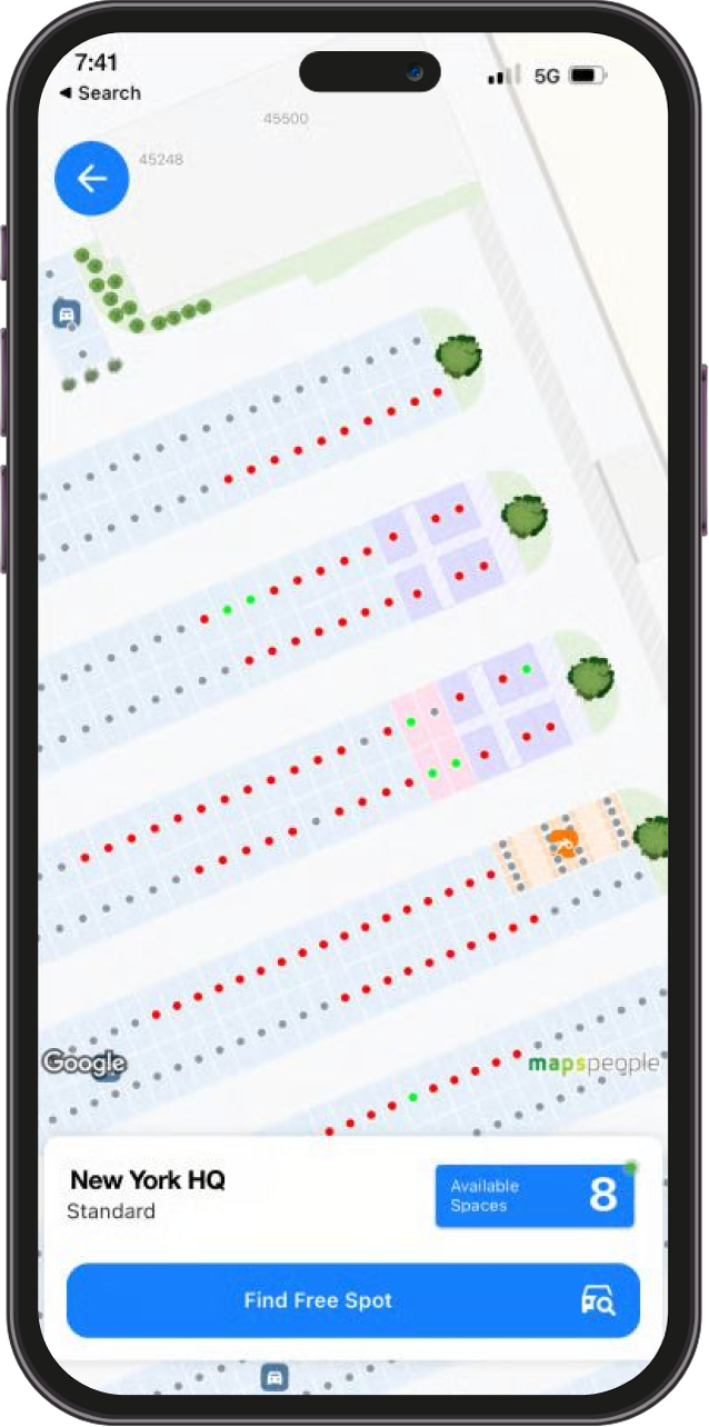 A smartphone screen shows a parking lot map with red and green dots indicating occupied and available spaces, and a display showing 8 standard spots available at New York HQ.