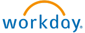 Workday logo with the word “workday” in blue lowercase letters and an orange curved line arching over the top.