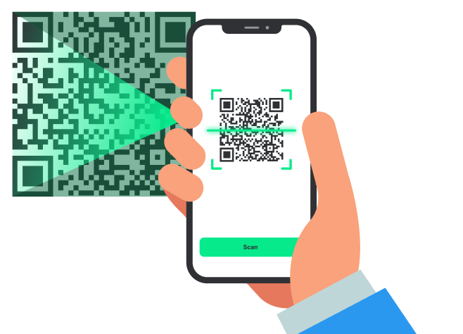 A hand holding a smartphone scans a large QR code using a scanning app displayed on the phone screen.