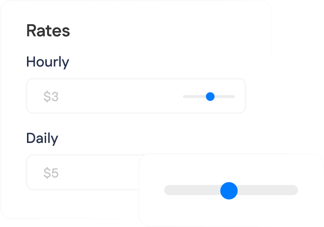 A pricing interface shows an hourly rate set to $3 and a daily rate option with a slider, currently set to $5.