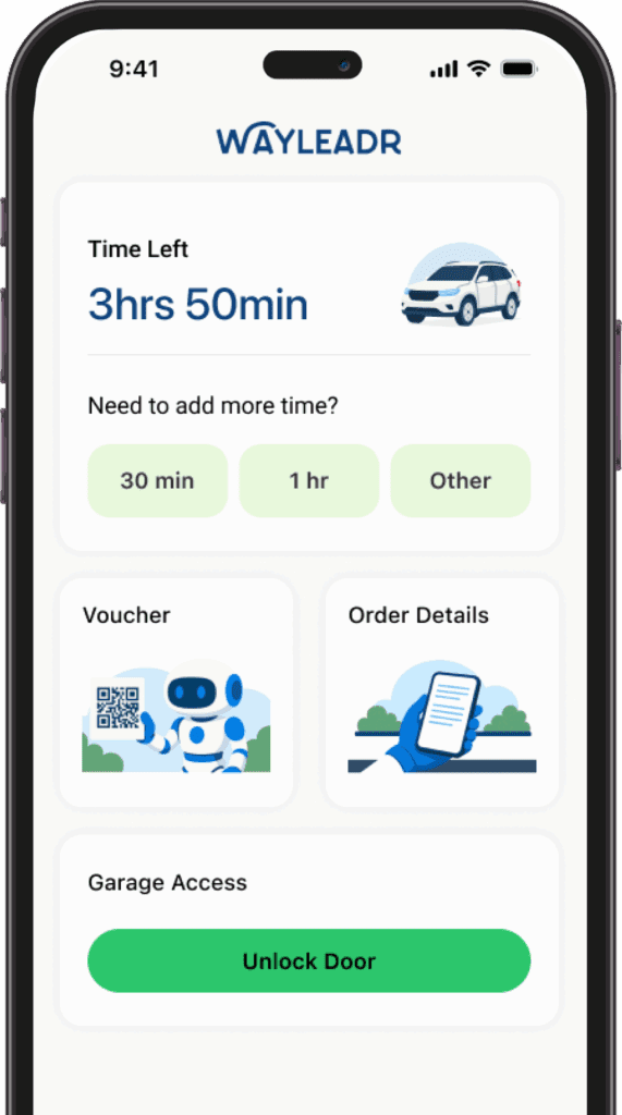 Smartphone screen displaying the Wayleadr app, showing 3 hours 50 minutes parking time left, options to add time, and buttons for voucher, order details, and unlocking the garage door.