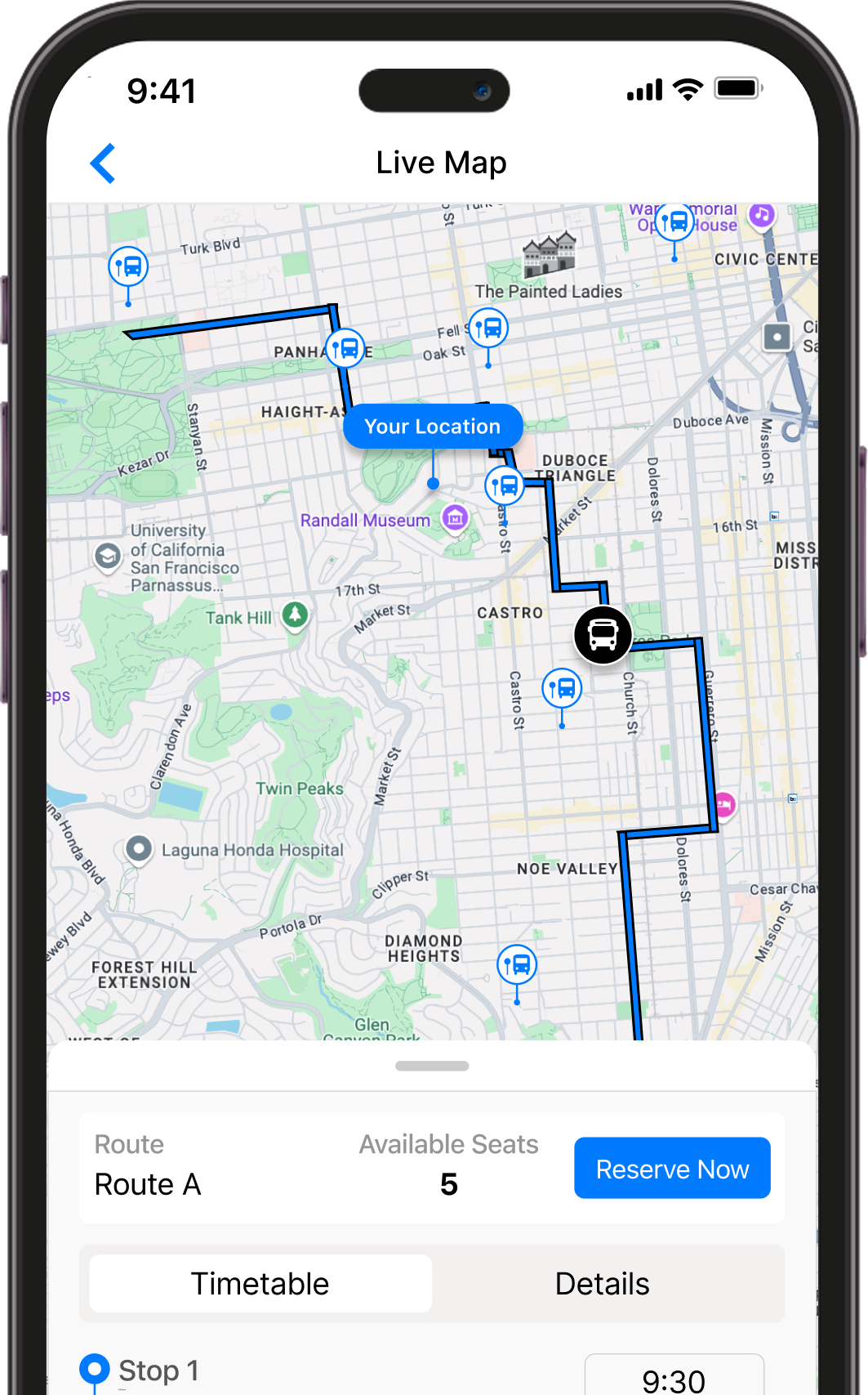 A smartphone screen displays a live map with a bus route, current location, route stops, available seats, and options to reserve a seat or view the timetable.