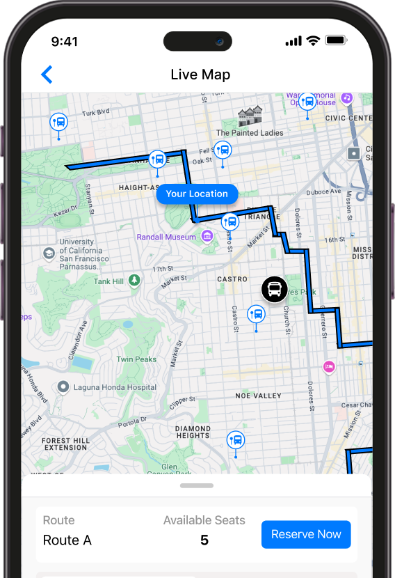A smartphone screen displays a live map showing a transit route with stops, a blue path, and the user's current location marked in San Francisco.