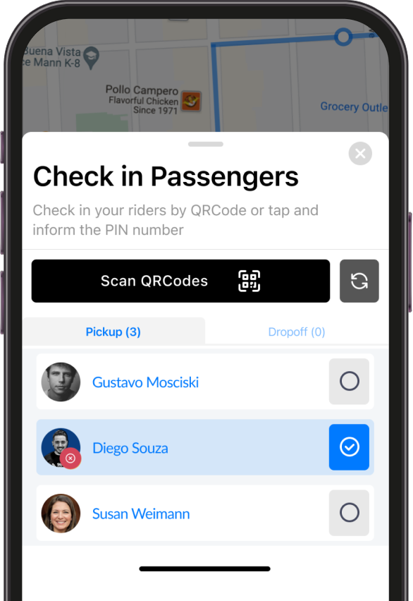 A phone screen shows a ride-sharing app interface for checking in passengers, with options to scan QR codes and select passenger names from a list.
