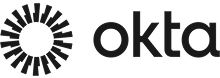 Okta logo featuring a circular black geometric design to the left of the word "okta" in lowercase black lettering on a light background.