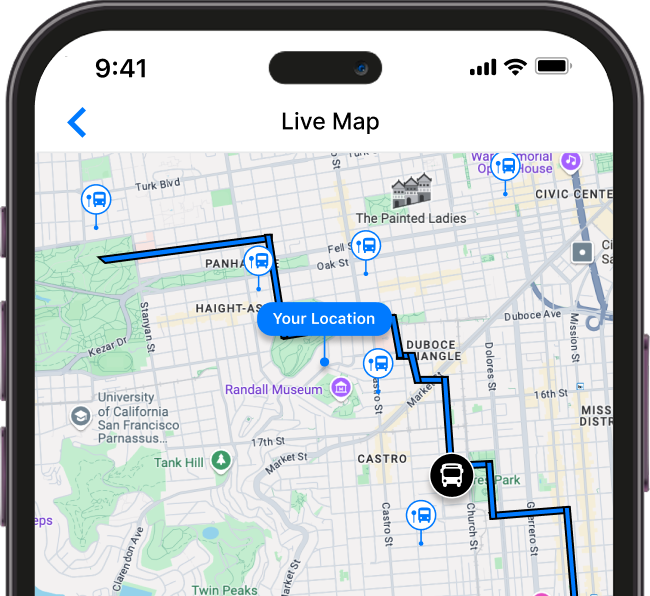 Smartphone screen showing a live map with bus routes, transit stops, and a blue marker labeled "Your Location" in San Francisco.