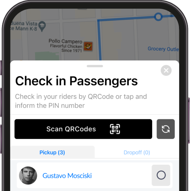 A smartphone screen displays a “Check in Passengers” interface with options to scan QRCodes and a list showing the name Gustavo Mosciski under "Pickup (3)".