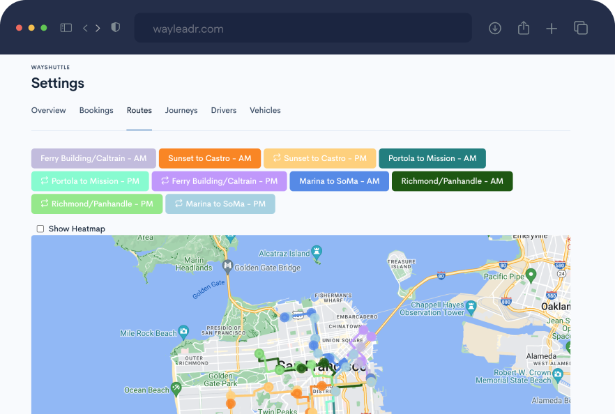 A screenshot of a web app settings page displaying multiple color-coded route options above a map of San Francisco and Oakland.