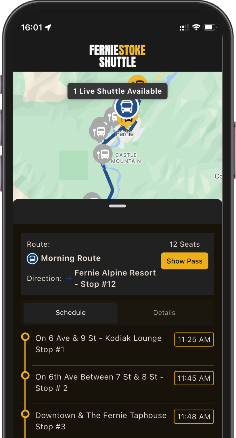 Smartphone screen showing the Fernie Stoke Shuttle app with one live shuttle available, a map, route details, and scheduled stop times listed for the morning route.