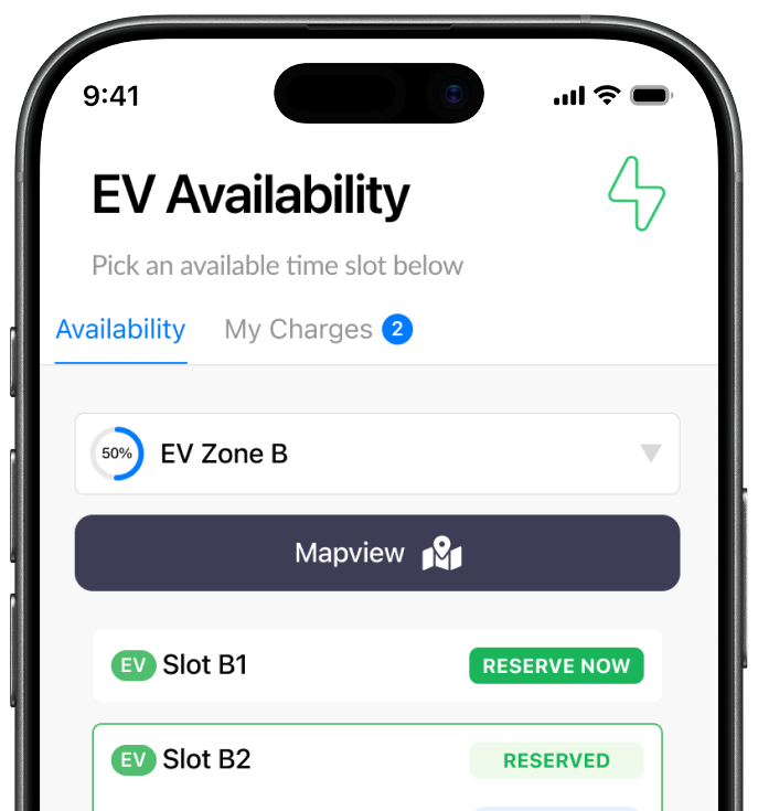 Smartphone screen showing an EV charging app with available time slots for EV Zone B; Slot B1 is available to reserve and Slot B2 is already reserved.