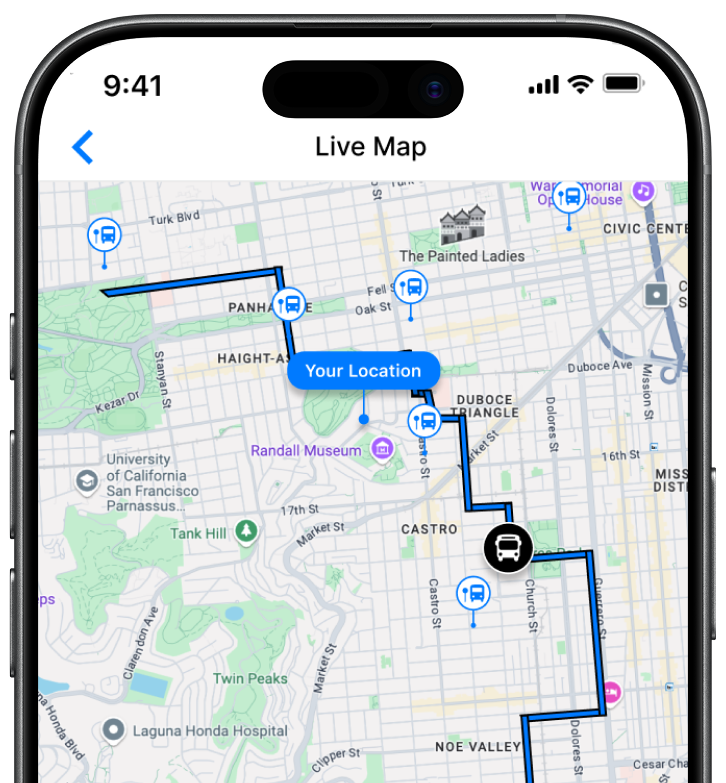 A smartphone screen displays a live map with a marked route, transit icons, and the user's location highlighted in San Francisco.