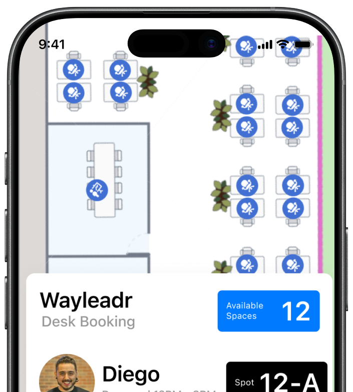 A smartphone screen shows a desk booking app with a floor plan of available desks and a booking summary for spot 12-A.