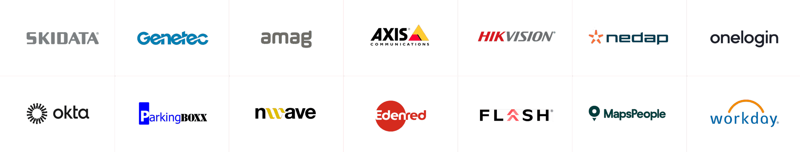 A grid of sixteen company logos, including SKIDATA, Genelec, amag, AXIS Communications, HIKVISION, nedap, onelogin, okta, Parking BOXX, nuwave, Edenred, FLASH, MapsPeople, and Workday.
