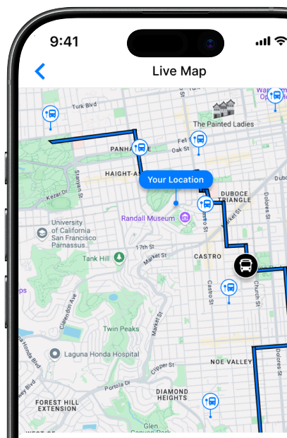 A smartphone screen displays a live map with a blue route, a marked location labeled "Your Location," and a car icon on city streets in San Francisco.