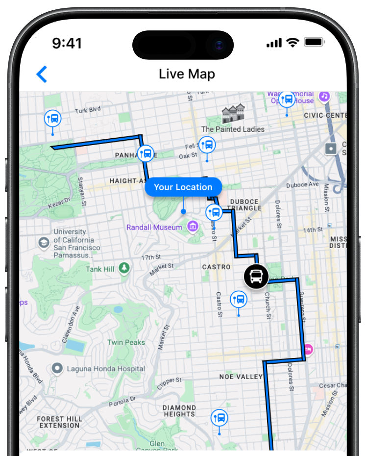 A smartphone screen displays a live map with a route highlighted in blue, showing the user's current location and a nearby bus icon.